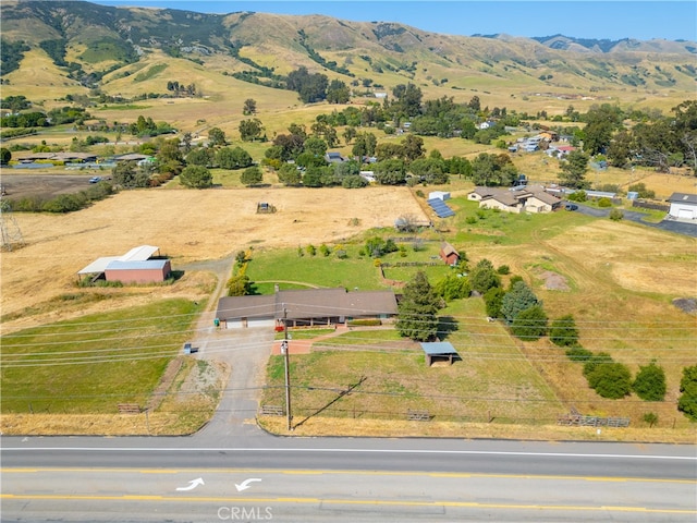 aerial view featuring a mountain view and a rural view