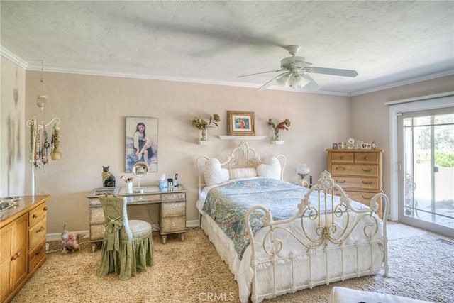 bedroom featuring crown molding, light carpet, access to exterior, and a textured ceiling