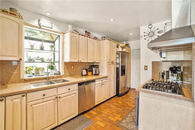 kitchen with backsplash, sink, stainless steel appliances, and range hood