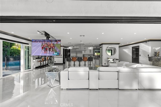 living room with recessed lighting and visible vents