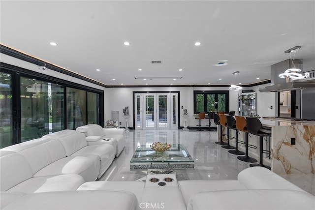 living room featuring ornamental molding