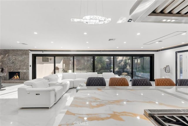 bedroom featuring recessed lighting, visible vents, and a fireplace
