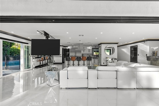 living area featuring recessed lighting, visible vents, and tile patterned flooring