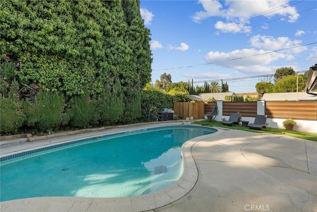 view of swimming pool with fence, a fenced in pool, and a patio area