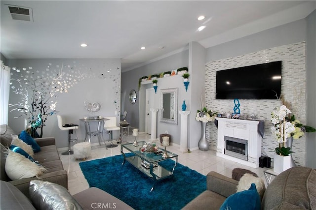 tiled living room featuring crown molding