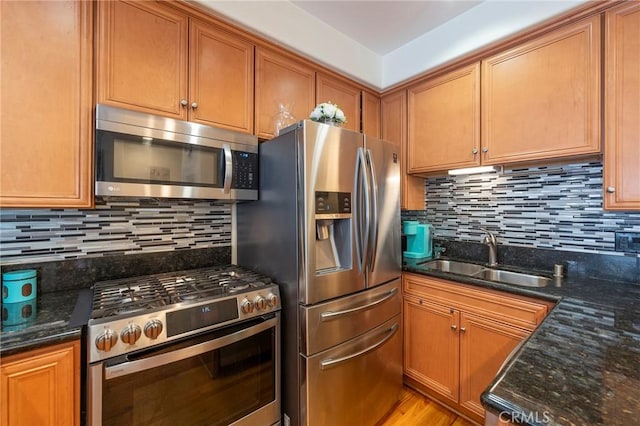 637 S Grand Ave Unit 4, San Pedro, CA 90731 - kitchen featuring stainless steel appliances, backsplash, dark stone counters, and brown cabinets