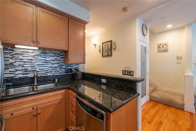 637 S Grand Ave Unit 4, San Pedro, CA 90731 - kitchen with dishwasher, light wood-style floors, tasteful backsplash, brown cabinets, and dark stone counters