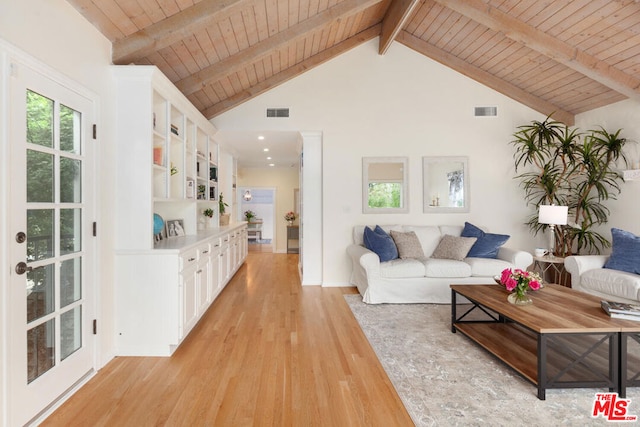 living room featuring light wood-type flooring, beam ceiling, wood ceiling, and high vaulted ceiling