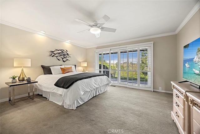 carpeted bedroom with crown molding, access to outside, and ceiling fan