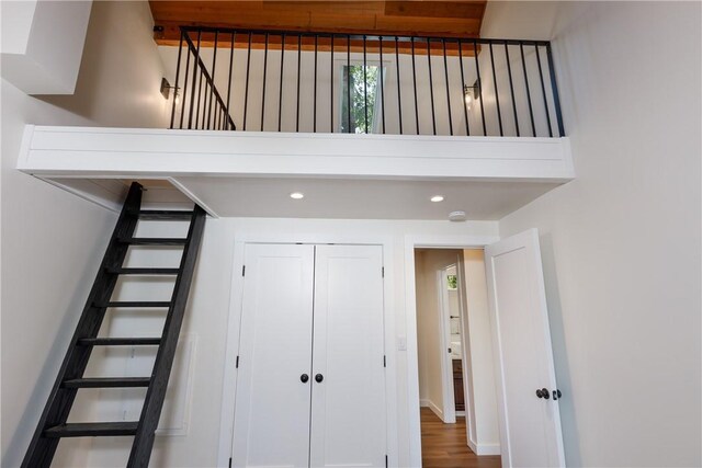 1384 Golden Rule Ln, Lake Arrowhead, CA 92352 - interior space featuring hardwood / wood-style flooring and a towering ceiling