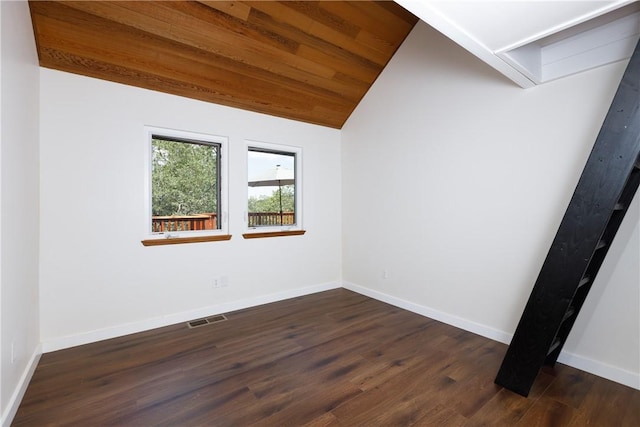 empty room featuring wooden ceiling, dark wood-type flooring, and lofted ceiling