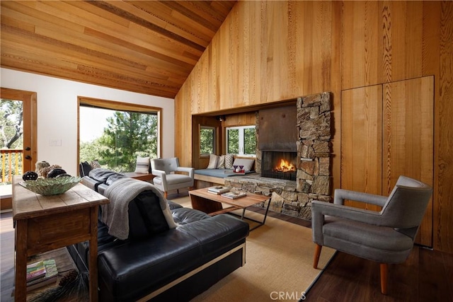 1384 Golden Rule Ln, Lake Arrowhead, CA 92352 - living room with a fireplace, a wealth of natural light, vaulted ceiling, and wooden ceiling