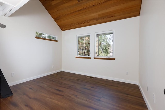 empty room with dark hardwood / wood-style floors, wood ceiling, and vaulted ceiling