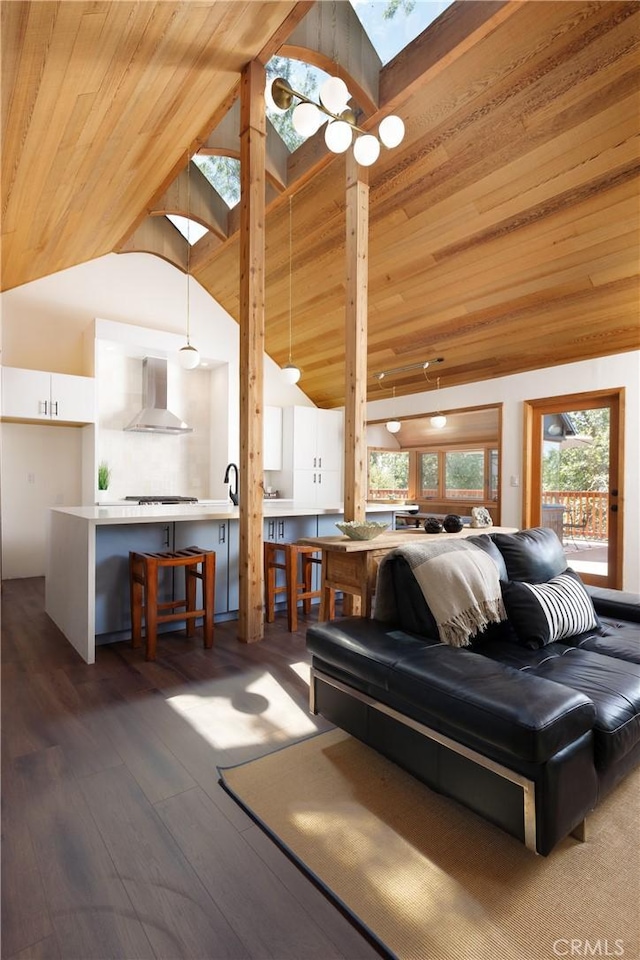 living room with dark hardwood / wood-style floors, wooden ceiling, sink, and high vaulted ceiling