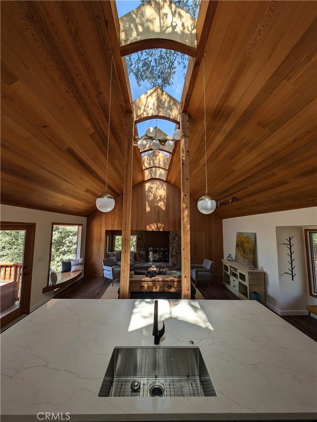 1384 Golden Rule Ln, Lake Arrowhead, CA 92352 - interior space with a stone fireplace, high vaulted ceiling, decorative light fixtures, wood walls, and wood ceiling