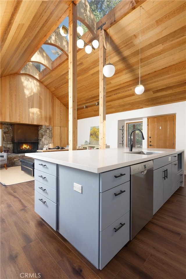 1384 Golden Rule Ln, Lake Arrowhead, CA 92352 - kitchen with pendant lighting, sink, dark hardwood / wood-style floors, and dishwasher