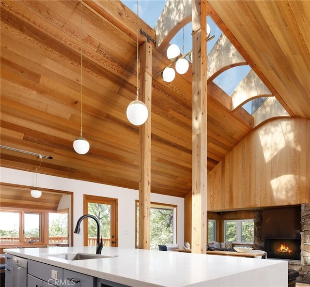 1384 Golden Rule Ln, Lake Arrowhead, CA 92352 - kitchen with a stone fireplace, pendant lighting, dishwasher, sink, and wood ceiling