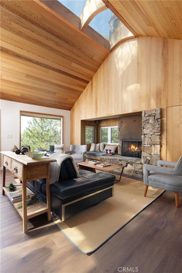 1384 Golden Rule Ln, Lake Arrowhead, CA 92352 - living room featuring a healthy amount of sunlight, hardwood / wood-style floors, a fireplace, and wood ceiling