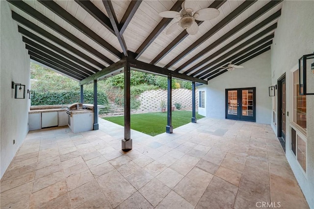 view of patio with ceiling fan, grilling area, and french doors