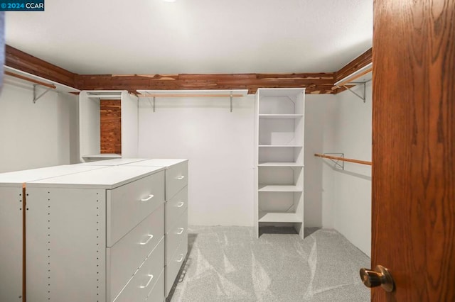 walk in closet with light colored carpet