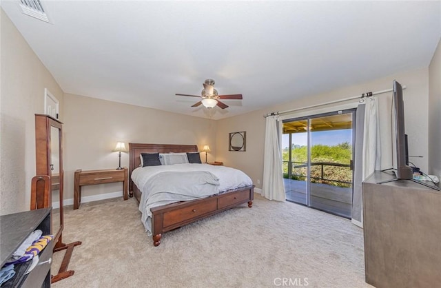 bedroom with ceiling fan, light colored carpet, and access to outside