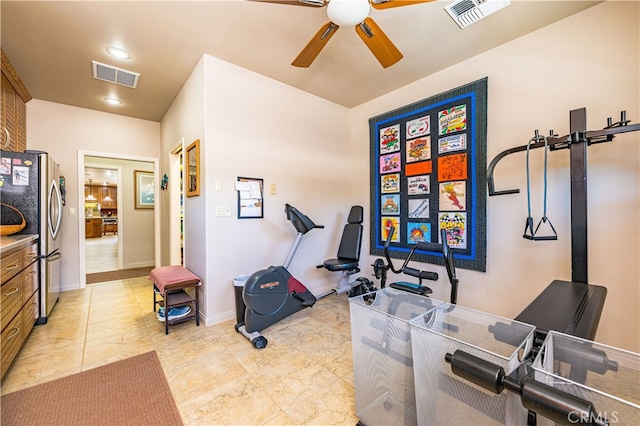 exercise area featuring ceiling fan