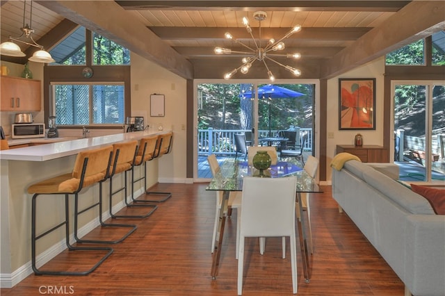 dining space with wood ceiling, dark hardwood / wood-style flooring, and plenty of natural light