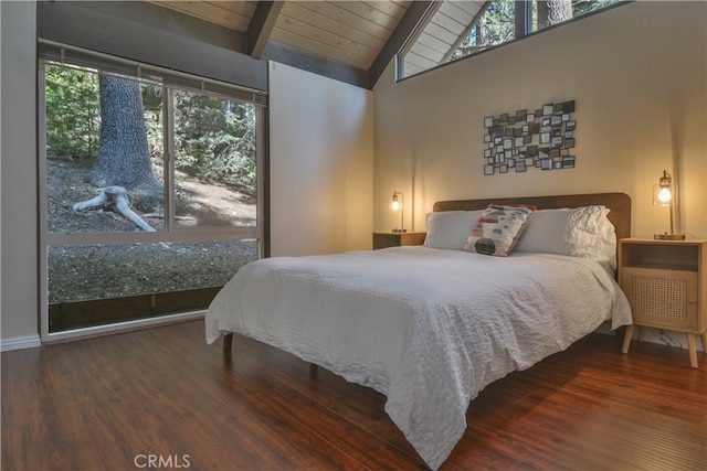 bedroom featuring lofted ceiling with beams, multiple windows, wooden ceiling, and hardwood / wood-style floors