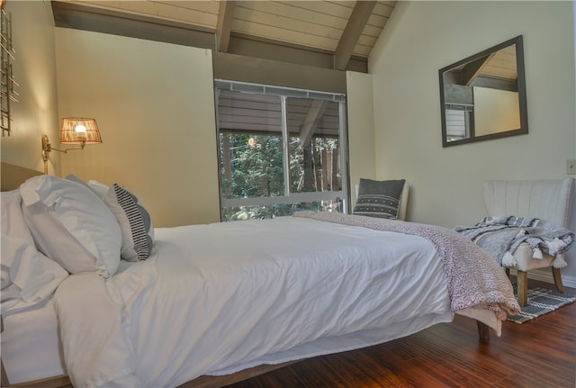 bedroom with vaulted ceiling with beams, wood ceiling, and hardwood / wood-style floors