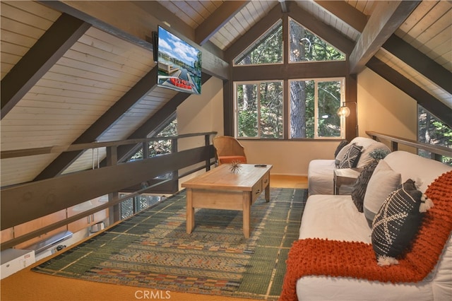 living room featuring vaulted ceiling with beams and wood ceiling