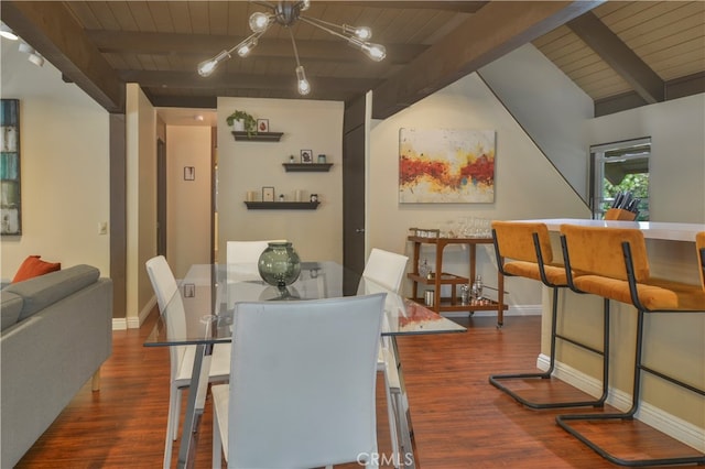 dining area with vaulted ceiling with beams, a chandelier, wooden ceiling, and dark wood-type flooring