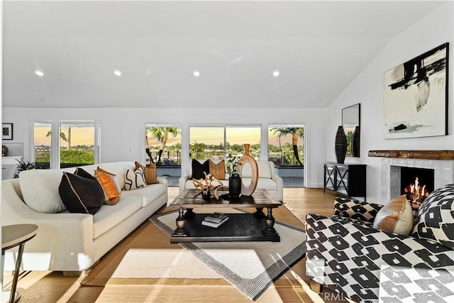 living room with hardwood / wood-style floors and vaulted ceiling