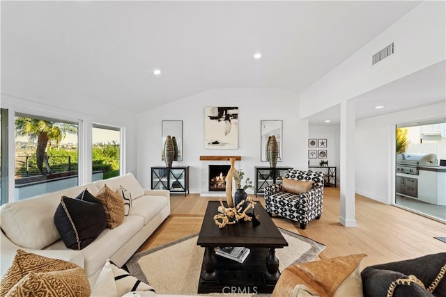 living room with light hardwood / wood-style floors and lofted ceiling