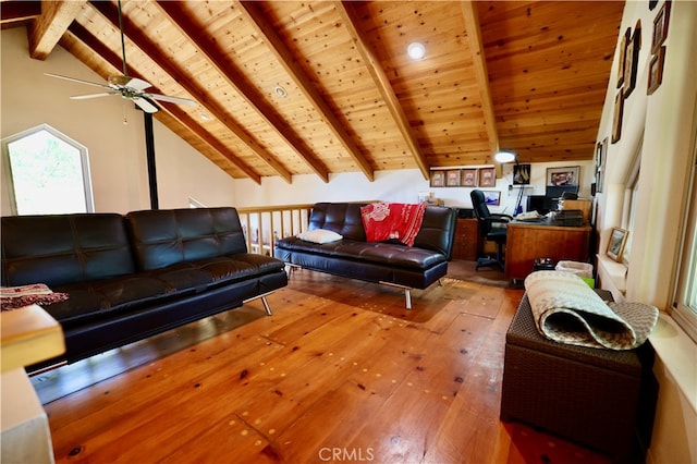 living room with wood ceiling, hardwood / wood-style floors, beamed ceiling, and high vaulted ceiling