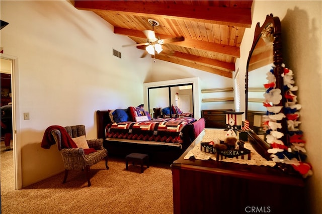 bedroom with carpet, wood ceiling, lofted ceiling with beams, and ceiling fan