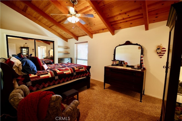 carpeted bedroom featuring ceiling fan, vaulted ceiling with beams, and wood ceiling