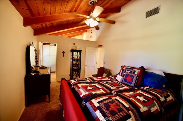 bedroom featuring wood ceiling, lofted ceiling with beams, dark colored carpet, and ceiling fan