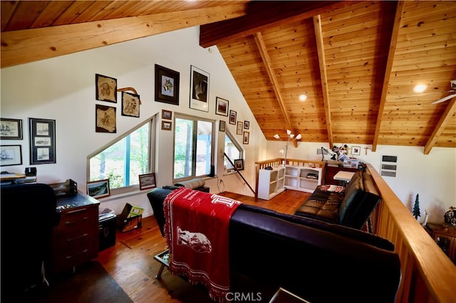 living room featuring wooden ceiling, hardwood / wood-style floors, beamed ceiling, and high vaulted ceiling