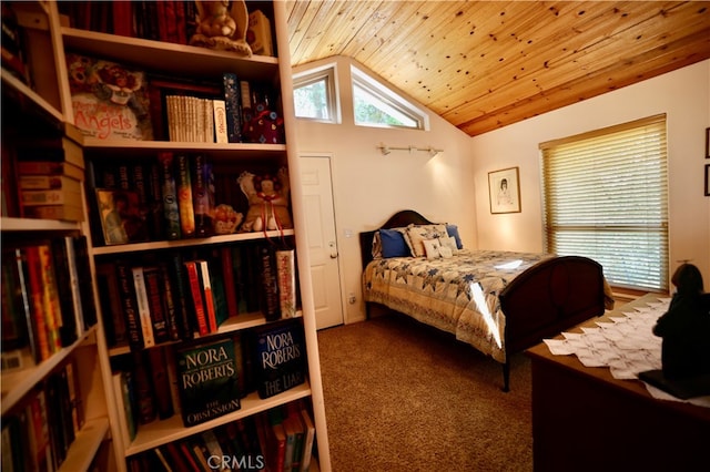 carpeted bedroom with lofted ceiling and wood ceiling