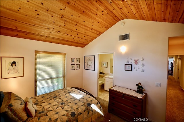 carpeted bedroom featuring wood ceiling, connected bathroom, and vaulted ceiling