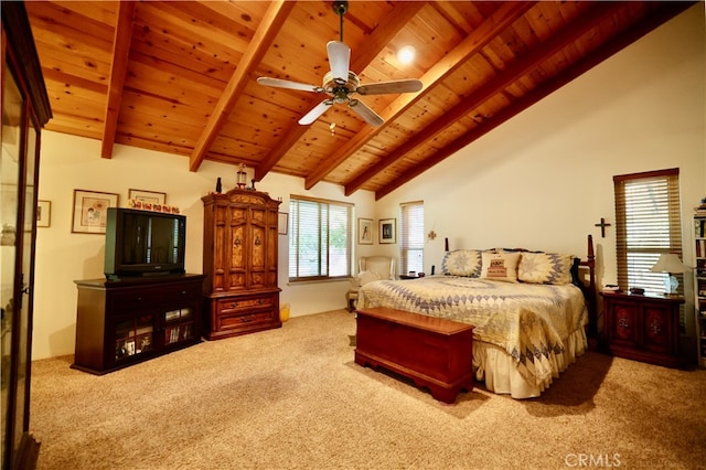 bedroom with ceiling fan, lofted ceiling with beams, and carpet flooring