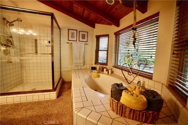 bathroom with plus walk in shower, lofted ceiling with beams, and wooden ceiling