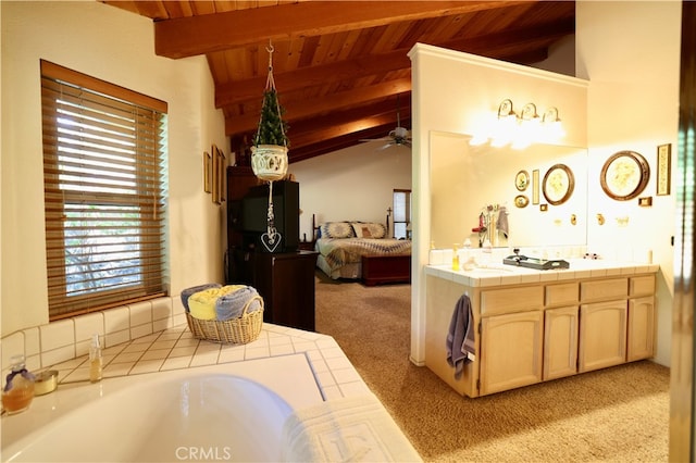 bathroom featuring wood ceiling, vaulted ceiling with beams, ceiling fan, and vanity