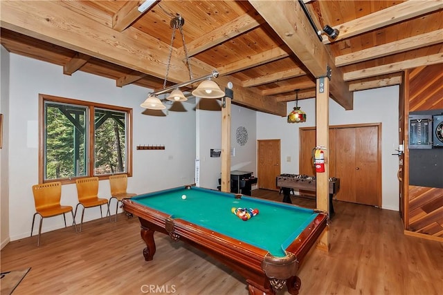 game room with billiards, wood ceiling, beamed ceiling, and hardwood / wood-style floors