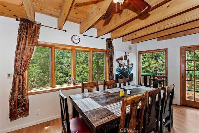 dining space with ceiling fan, wood ceiling, light hardwood / wood-style flooring, and beamed ceiling