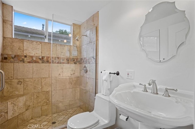 bathroom featuring toilet, an enclosed shower, and sink