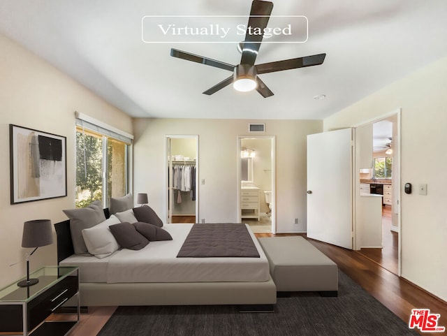 bedroom with ceiling fan, a spacious closet, connected bathroom, dark hardwood / wood-style flooring, and a closet