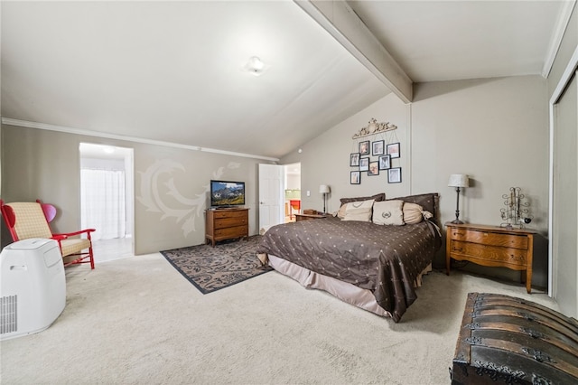 bedroom featuring carpet, lofted ceiling with beams, and ornamental molding