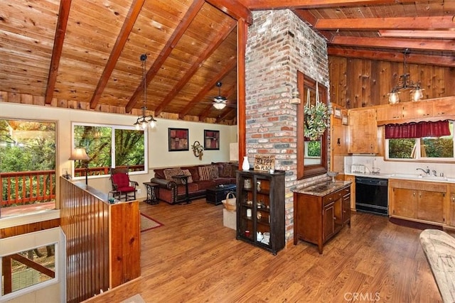 kitchen featuring wooden ceiling, hanging light fixtures, black dishwasher, and beam ceiling