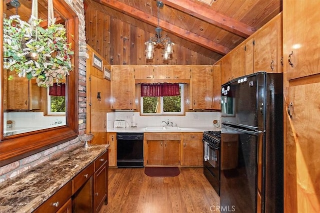 kitchen featuring sink, wooden ceiling, hanging light fixtures, black appliances, and dark wood-type flooring